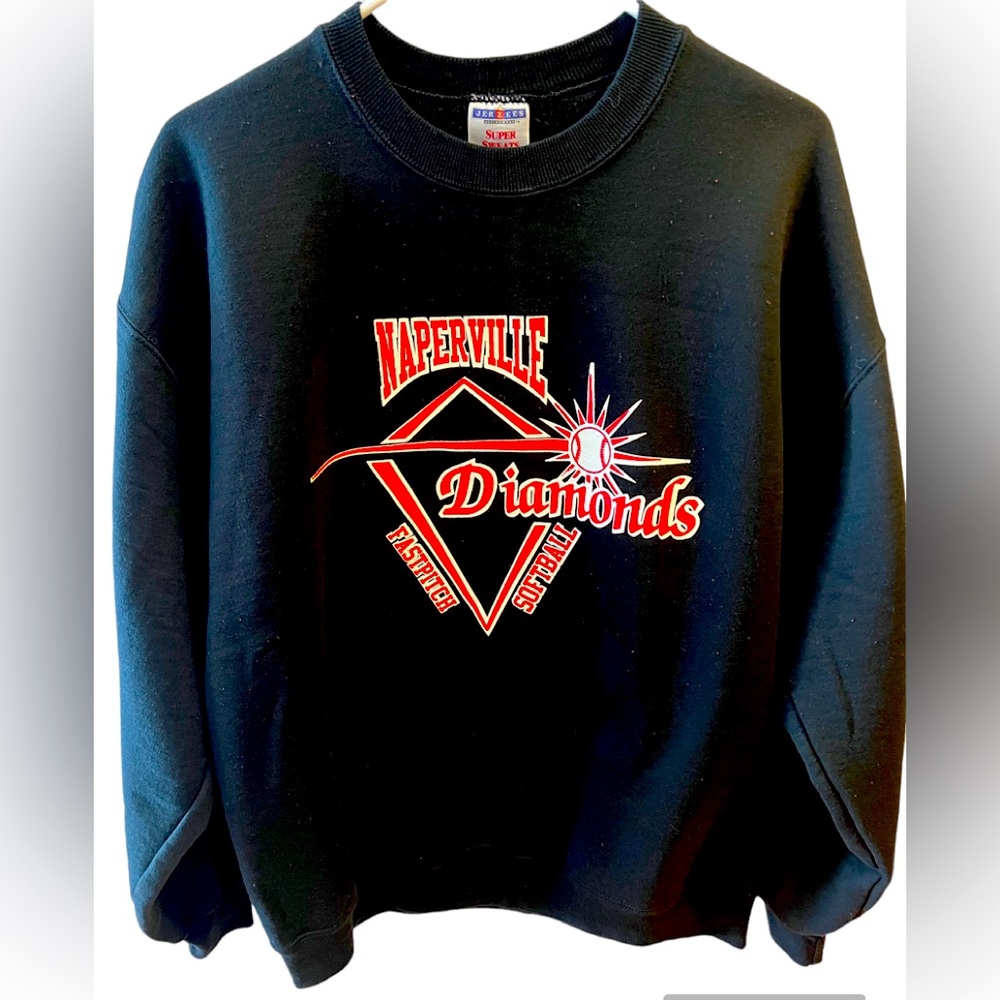 Dark Black Crewneck Sweatshirt with Red and Cream Naperville Fastpitch. Size =L.